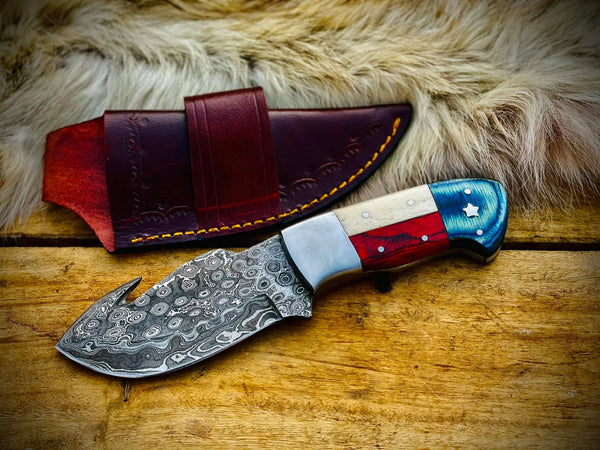 Handmade Texas Flag Handle Gut Hook Skinning Hunting Knife