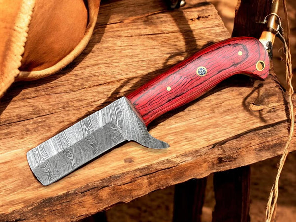 Damascus Bull Cutter Knife - 7" with Exotic Wood Handle & Sheath