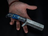 Damascus Bull Cutter Knife for Sale - Full Tang Damascus Steel Blade, Blue and Gray Exotic Wood Handle, Leather Sheath