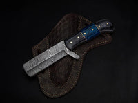 Damascus Bull Cutter Knife for Sale - Full Tang Damascus Steel Blade, Blue and Gray Exotic Wood Handle, Leather Sheath