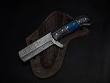 Damascus Bull Cutter Knife for Sale - Full Tang Damascus Steel Blade, Blue and Gray Exotic Wood Handle, Leather Sheath