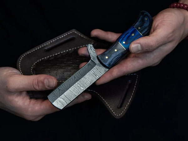 Damascus Bull Cutter Knife for Sale - Full Tang Damascus Steel Blade, Blue and Gray Exotic Wood Handle, Leather Sheath